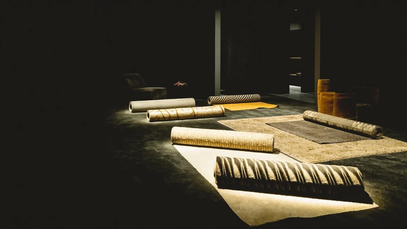 Illustration d'ambiance : tapis et textiles dans un intérieur sombre, image générée.