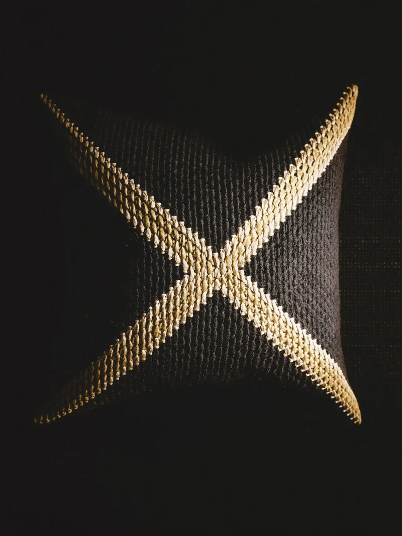 Illustration conceptuelle d'un coussin tissé à bordure contrastée.